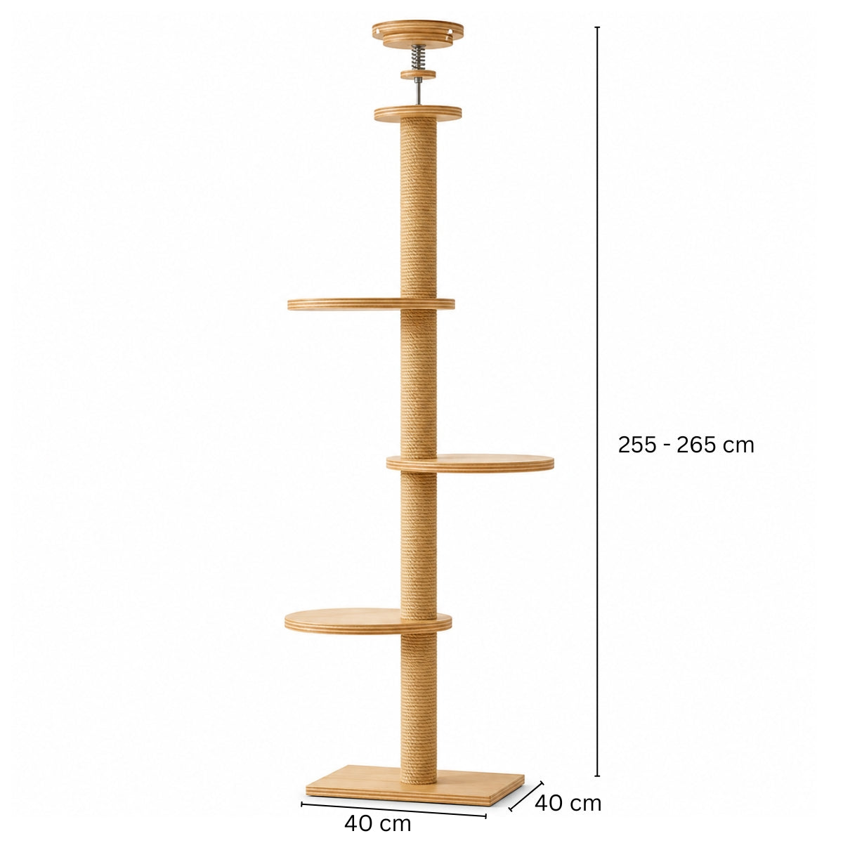 Högt klätterträd för katter 255–265 cm – träplattformar, 40x40 cm