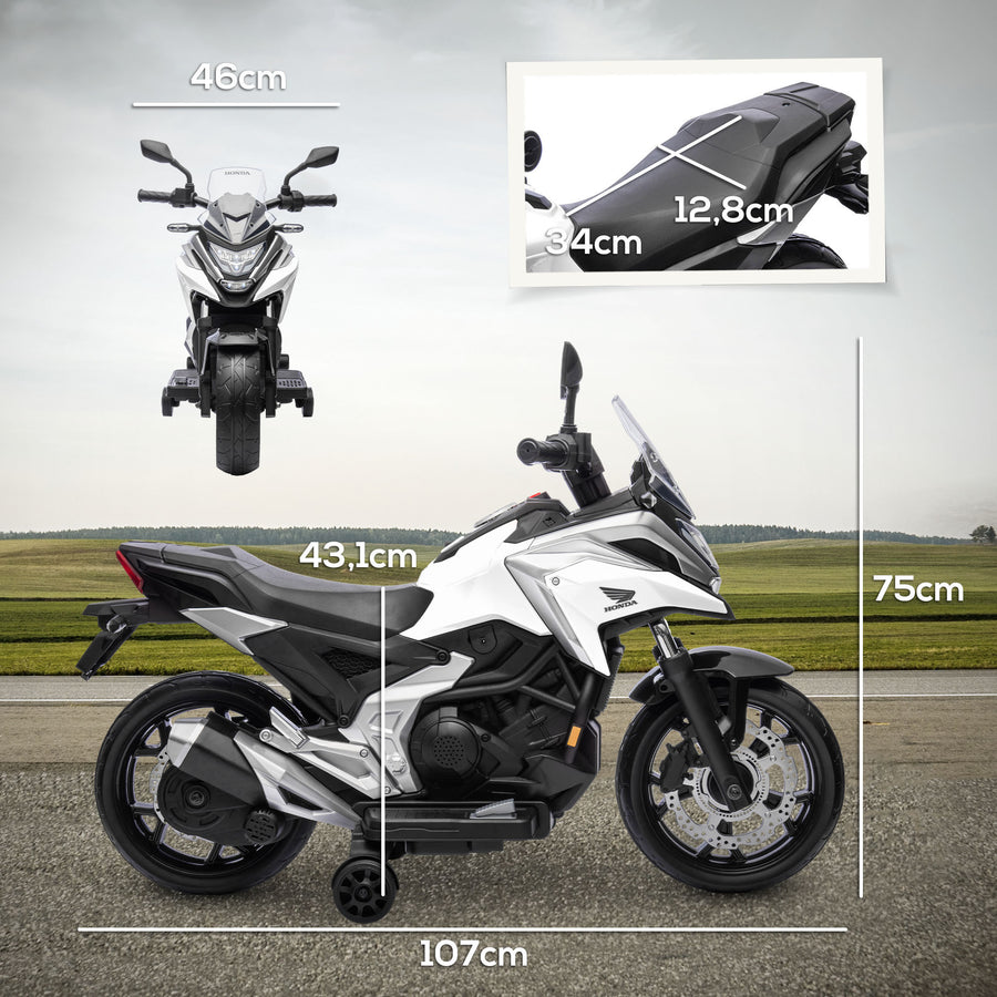 Lasten sähkömoottoripyörä Honda 12V tukipyörillä, musiikki ja valot, 3–6 v, valkoinen