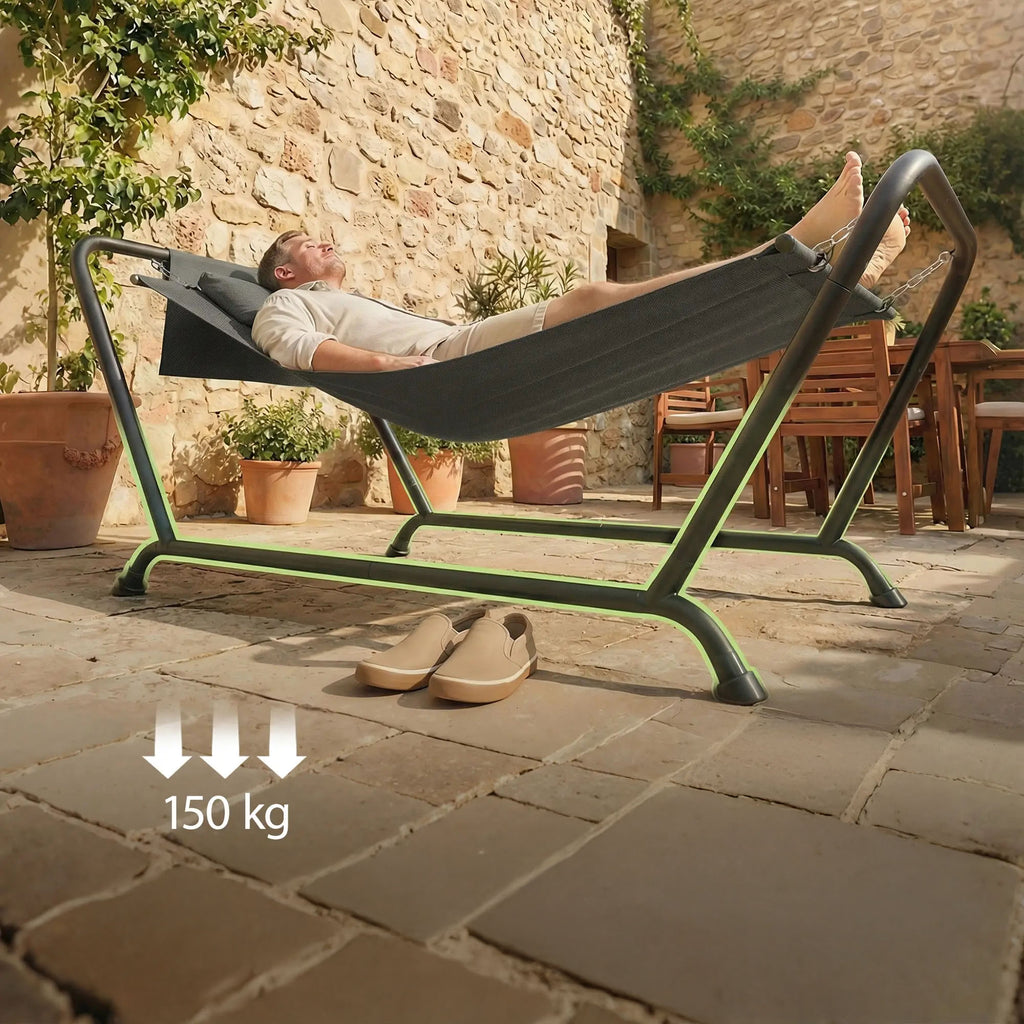 Riippumatto telineellä 237 x 90 cm, niskatyyny ja sivutasku, metallirunko 150 kg