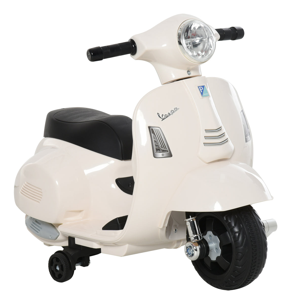 Lasten sähkömopo Vespa 6V irrotettavilla tukipyörillä, ajovalo ja äänitorvi, 1,5–3 v, valkoinen