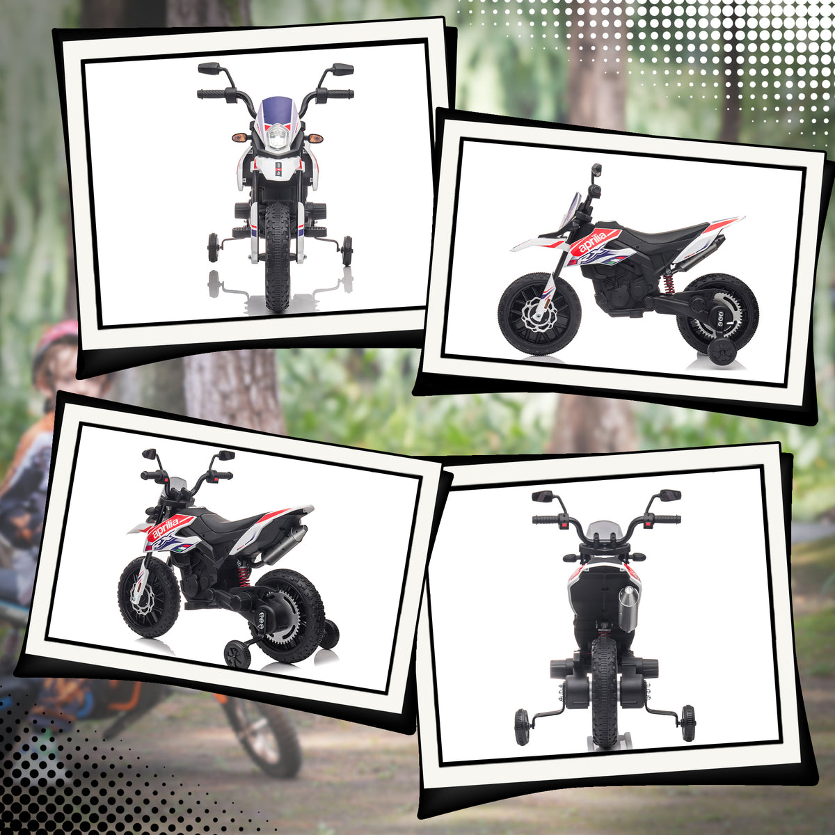 Lasten sähkömoottoripyörä Aprilia 12V, tukipyörät, iskunvaimentimet, USB, 3–8 v, valkoinen