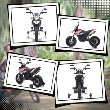 Lasten sähkömoottoripyörä Aprilia 12V, tukipyörät, iskunvaimentimet, USB, 3–8 v, valkoinen