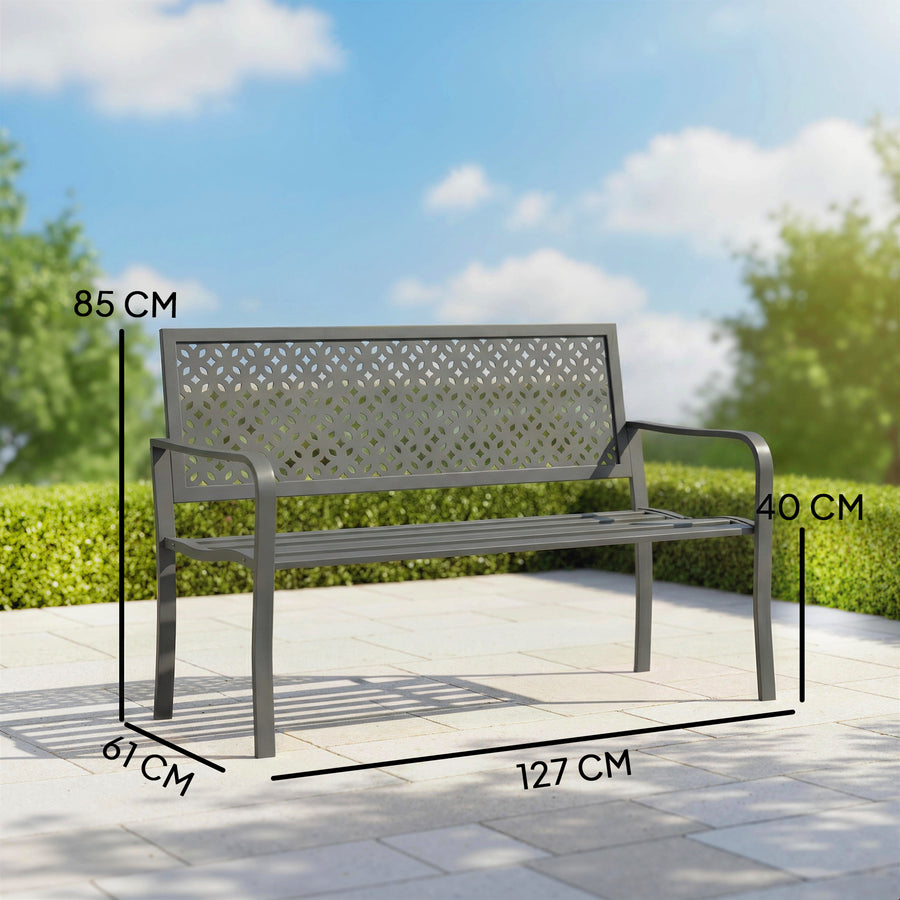 Moderni metallinen puutarhapenkki geometrisella selkänojalla, 127 cm, tummanharmaa