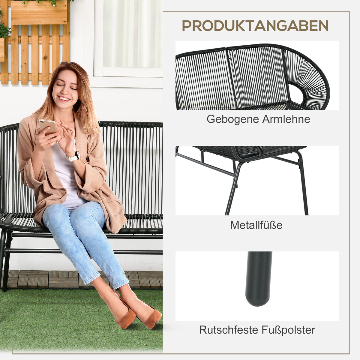 Polyrottinkinen puutarhapenkki kahdelle, boho-tyyli, musta
