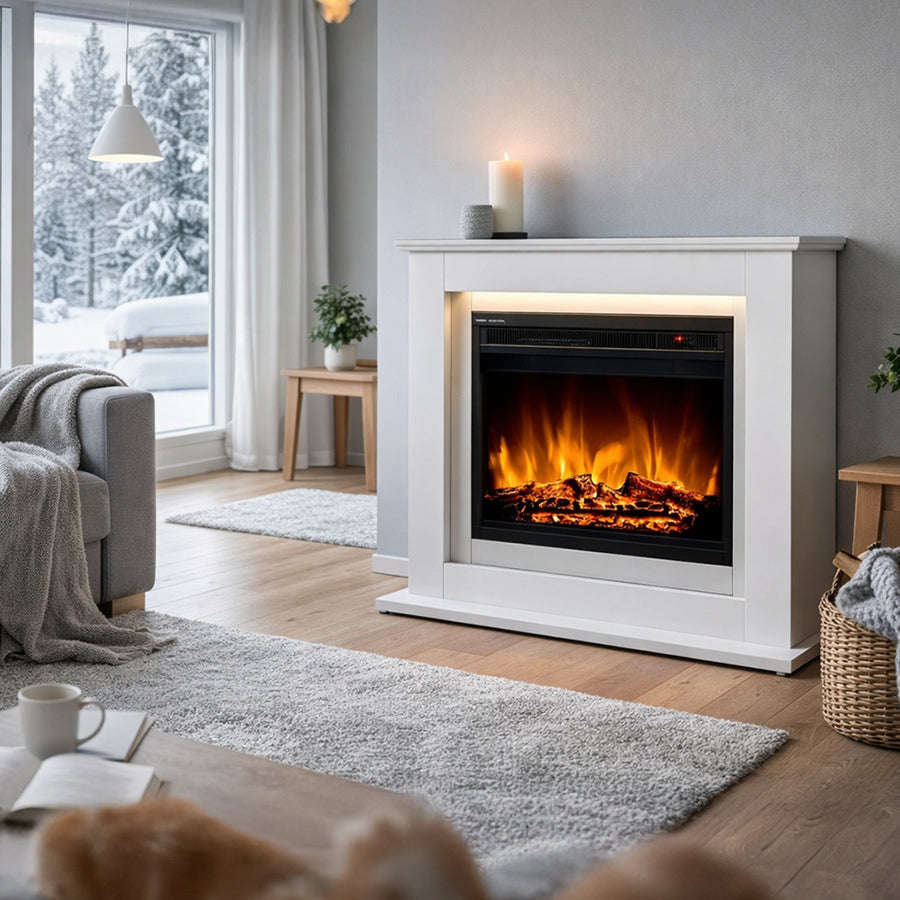Sähkötakka Genova 750/1500W – 100 x 28 x 82,5 cm, LED-liekki, valkoinen