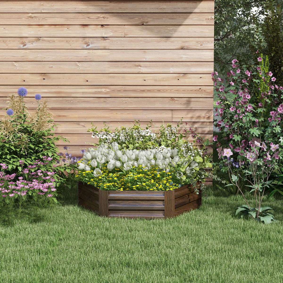 Kuusikulmainen metallinen kasvatuslaatikko puukuviolla, 113 x 98 x 30 cm, tummanruskea