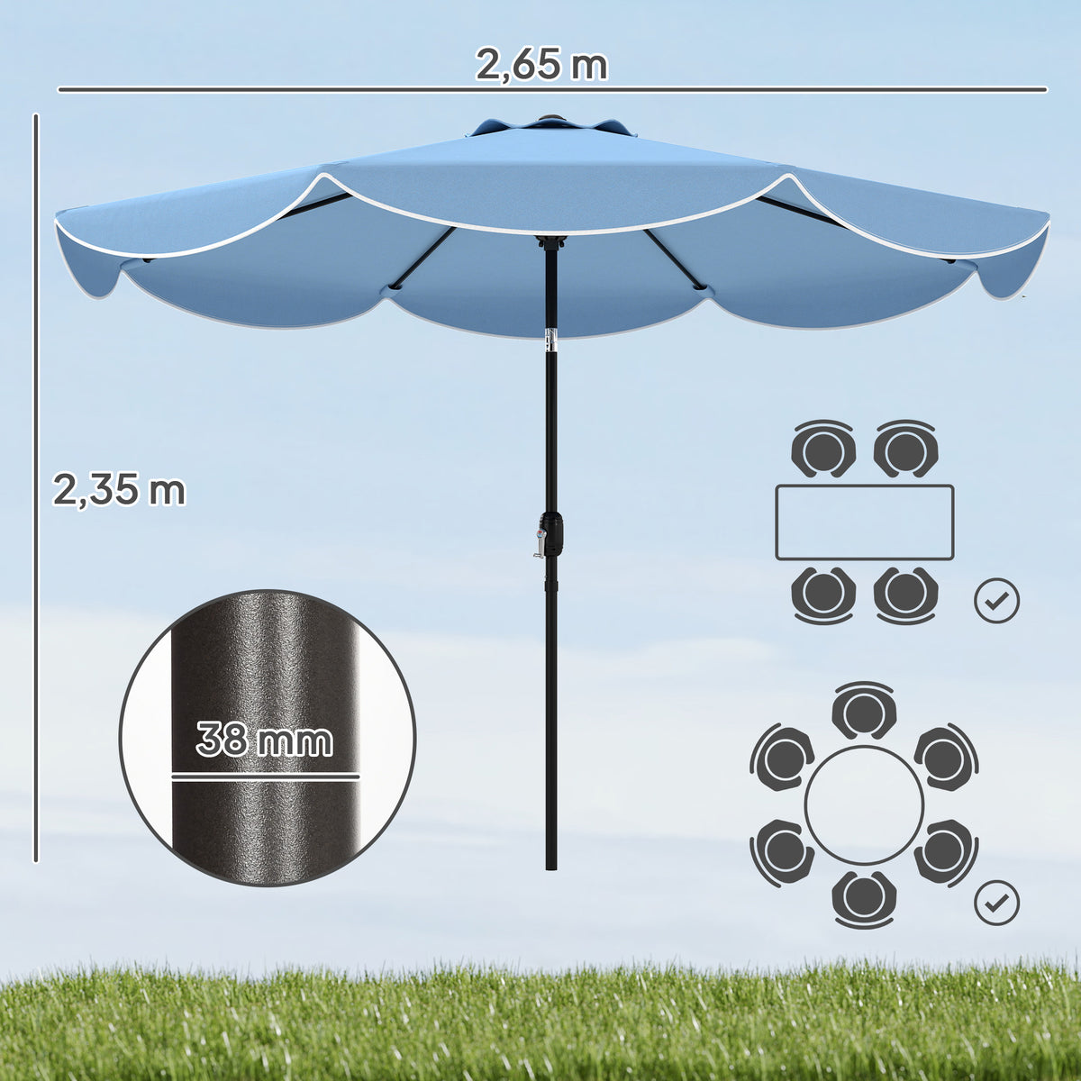 Kallistettava aurinkovarjo kammella ja reunuksella, Ø265 cm, taivaansininen