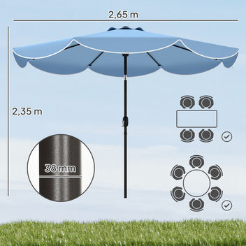 Kallistettava aurinkovarjo kammella ja reunuksella, Ø265 cm, taivaansininen