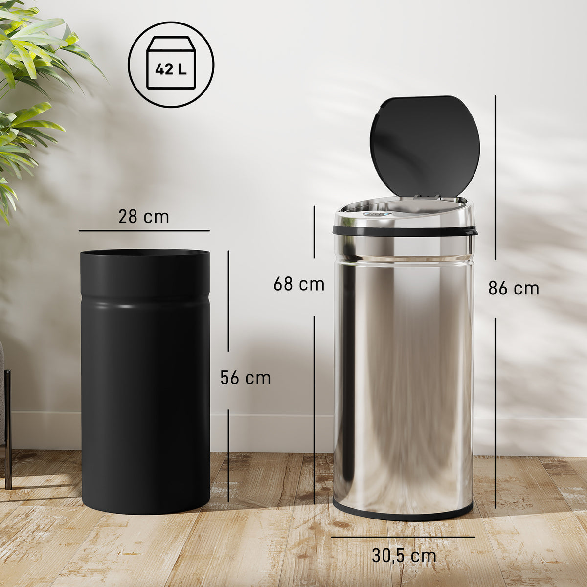 Sensoriroskakori 42 l, pyöreä, ruostumaton teräs, kosketukseton avaus, hopea