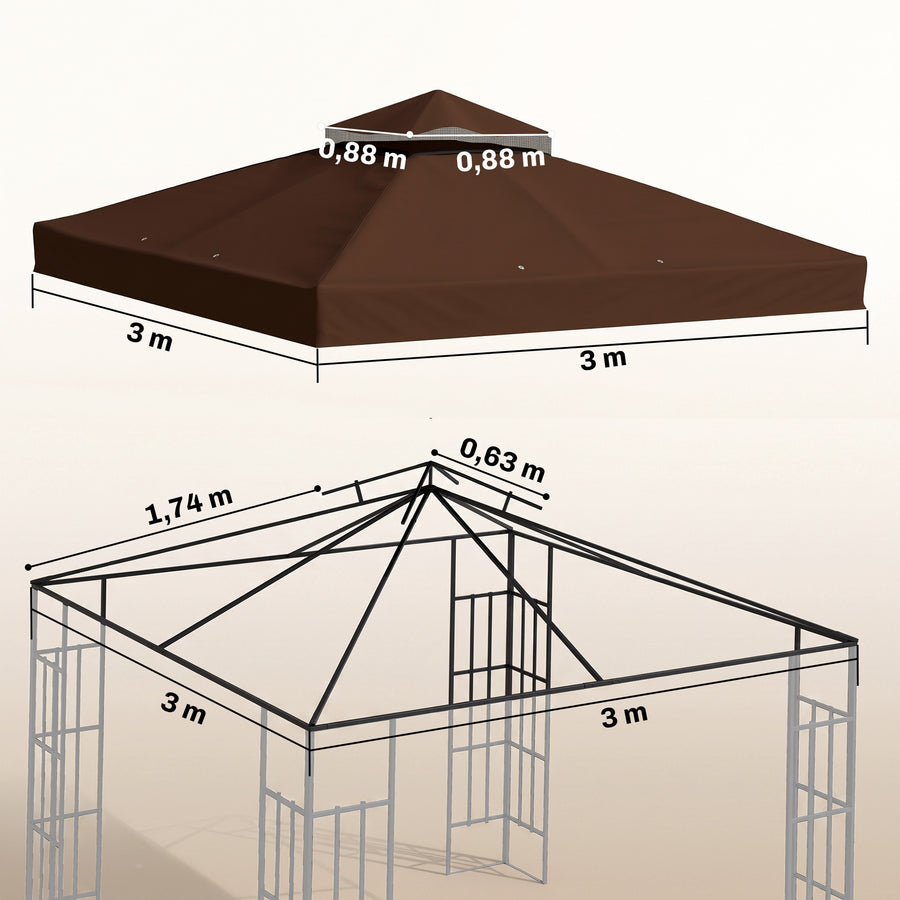 Kaksikerroksinen varakatto 3 x 3 m paviljonkiin, 600D Oxford, UPF30+, kahvinruskea