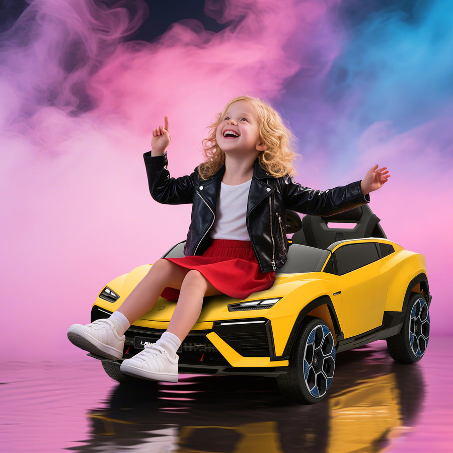 Lasten sähköauto Lamborghini 12V, 2,4 GHz kaukosäädin, LED ja musiikki, 3–6 v, keltainen