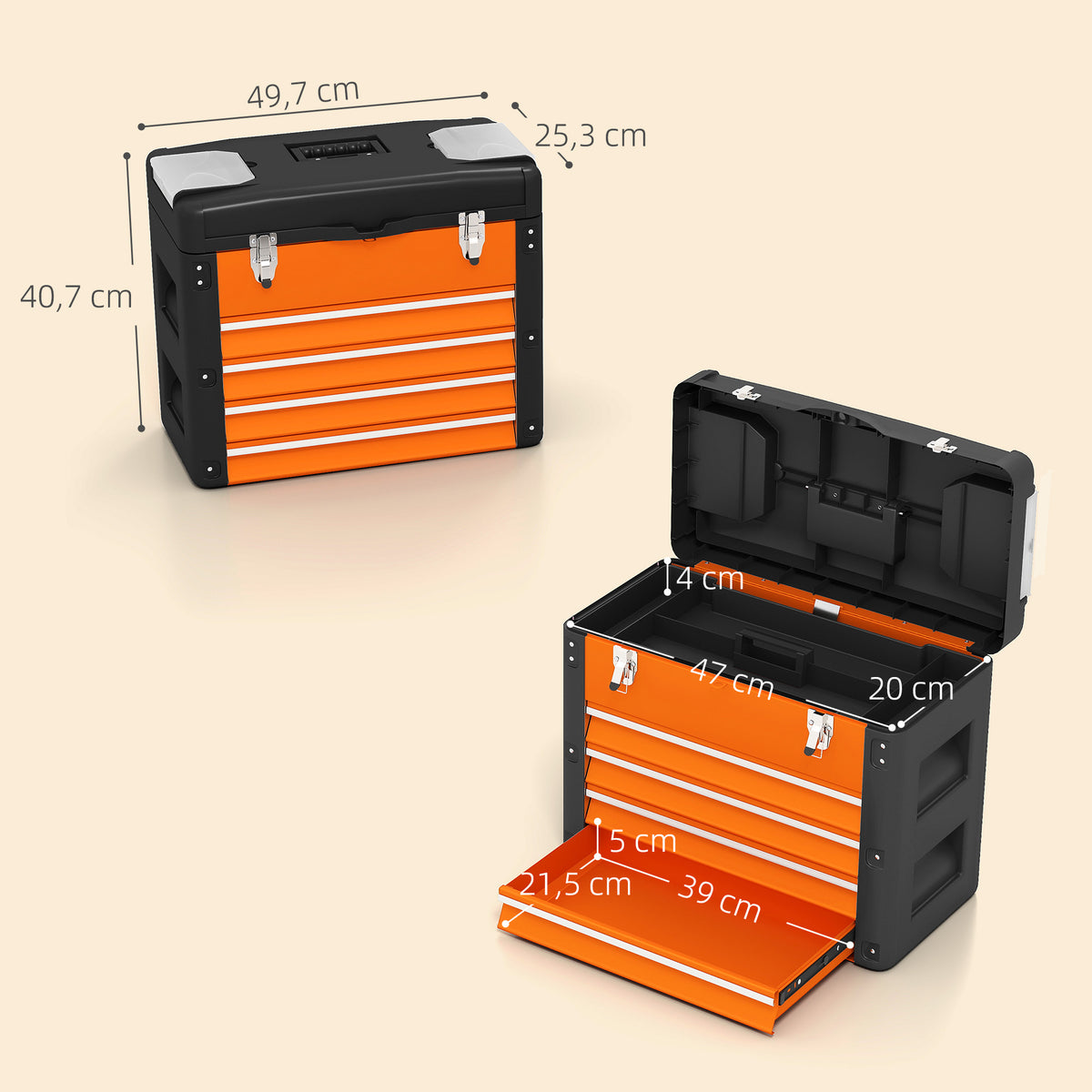 Työkalulaatikko 4 vetolaatikolla, irrotettavalla tarjottimella ja pienosarasioilla, 49,7 x 25,3 x 40,7 cm, oranssi