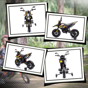 Lasten sähkömoottoripyörä Aprilia 12V, tukipyörät, iskunvaimentimet, USB, 3–8 v, keltainen