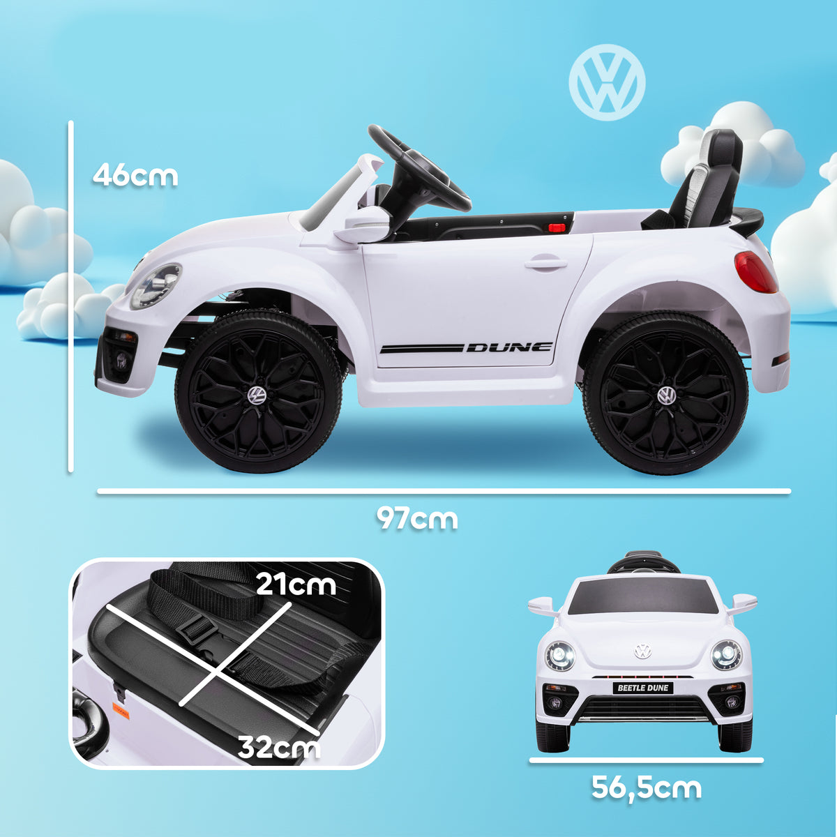 Lasten sähköauto Volkswagen Beetle 12V, kaukosäädin, radio ja musiikki, 3–5 v, valkoinen