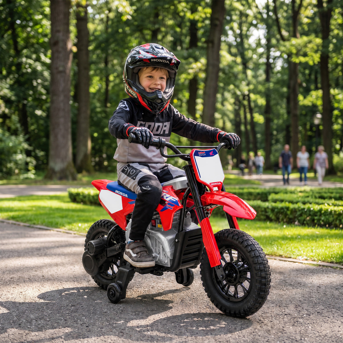 Lasten sähkömotocross Honda CRF 450R 12V litiumakulla, tukipyörät, takajousitus, punainen