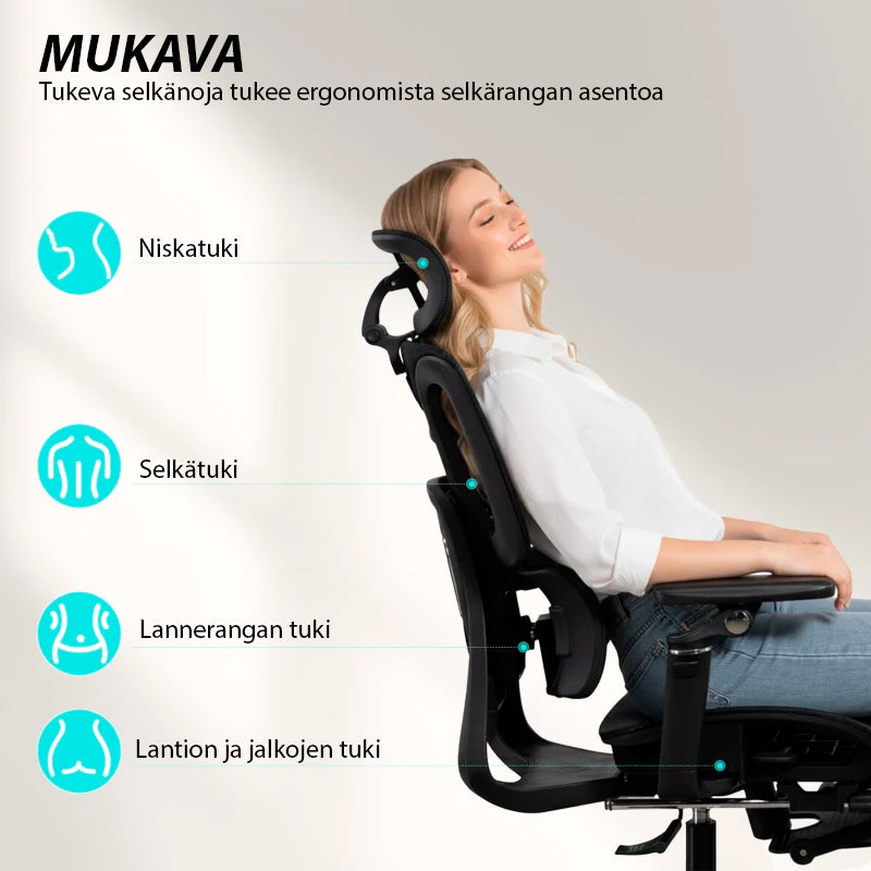 Ergonominen toimistotuoli jalkatuella – säädettävä selkä- ja niskatuki, 6D-käsinojat, hengittävä verkko