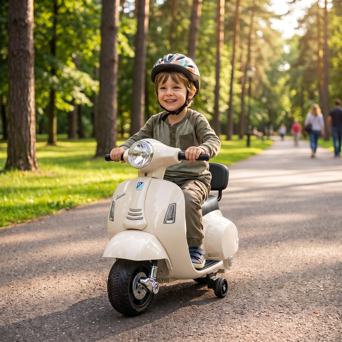 Lasten sähkömopo Mini Vespa GTS litiumakulla, selkänoja ja tukipyörät, 1,5–3 v, valkoinen