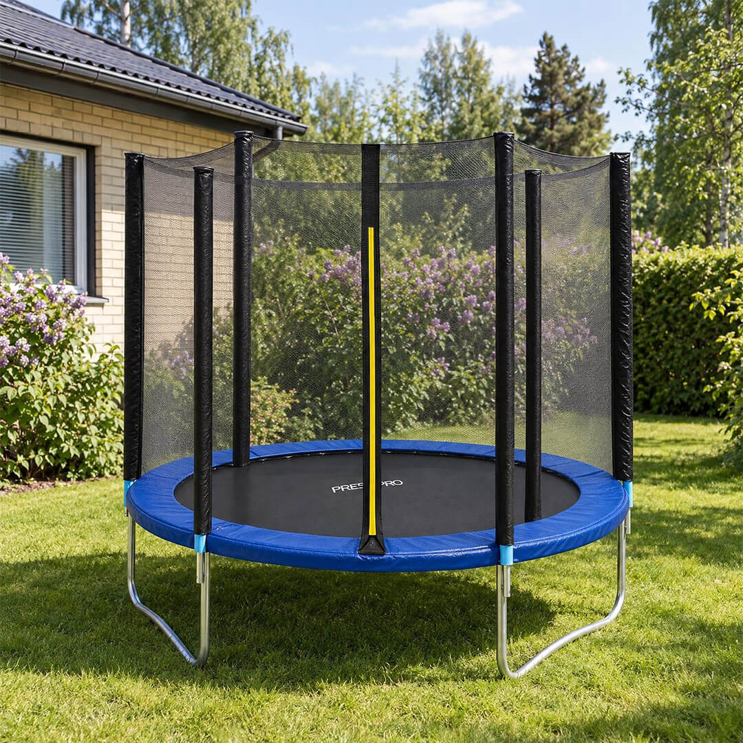 Trampoliini 244 cm turvaverkolla – galvanoitu runko, 48 jousta, 100 kg