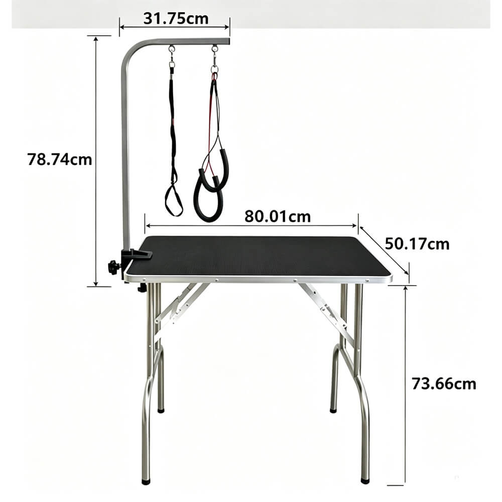 Trimmauspöytä koiralle 80 x 50 cm alahyllyllä ja ripustustangolla, kantavuus 100 kg