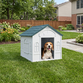 Muovinen koirankoppi harjakatolla ja ikkunoilla, säänkestävä, pienille ja keskikokoisille, 65 x 76 x 63 cm, sininen