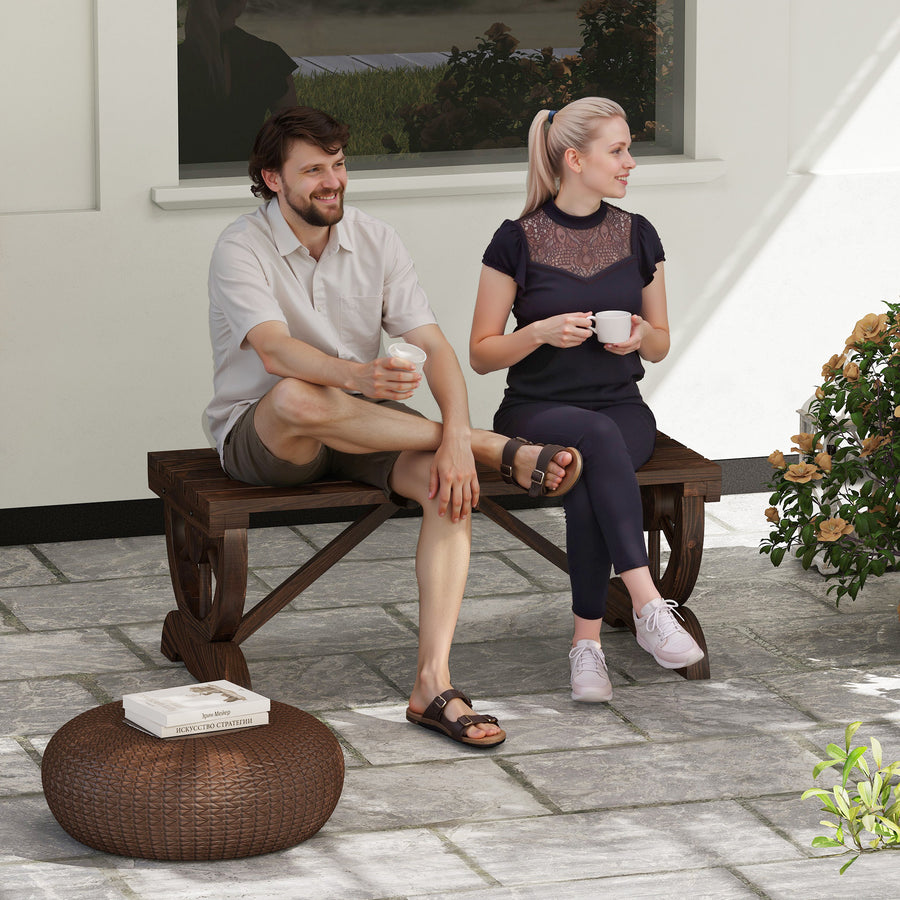 Selkänojaton puinen puutarhapenkki vaunupyöräjaloilla, 98 cm, ruskea