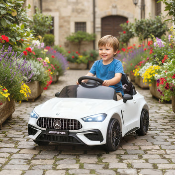 Lasten sähköauto Mercedes-AMG 12V, kaukosäädin, 3-pisteturvavyö, USB ja MP3, 3–6 v, valkoinen