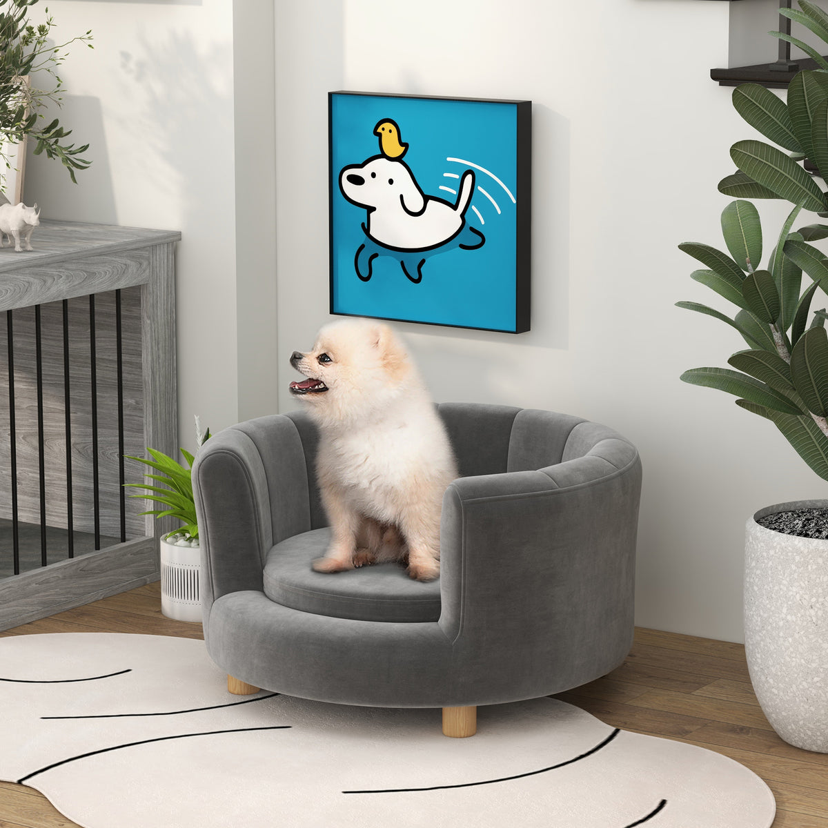 Lemmikkisohva puujaloilla ja selkänojalla, pestävä päällinen, pienille koirille, harmaa