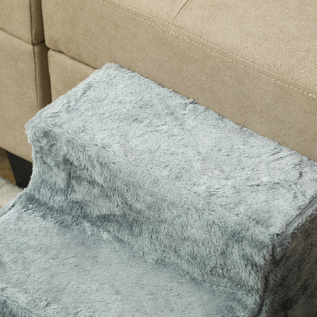 Kokoontaitettavat lemmikin portaat 3 askelmaa, pestävä pluchepäällinen, korkeus 35 cm, vaaleanharmaa