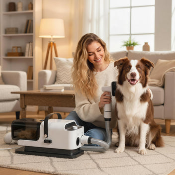 Lemmikin trimmausasema imurilla ja puhaltimella 5-in-1, HEPA-suodatin, hiljainen, 600 W, valkoinen
