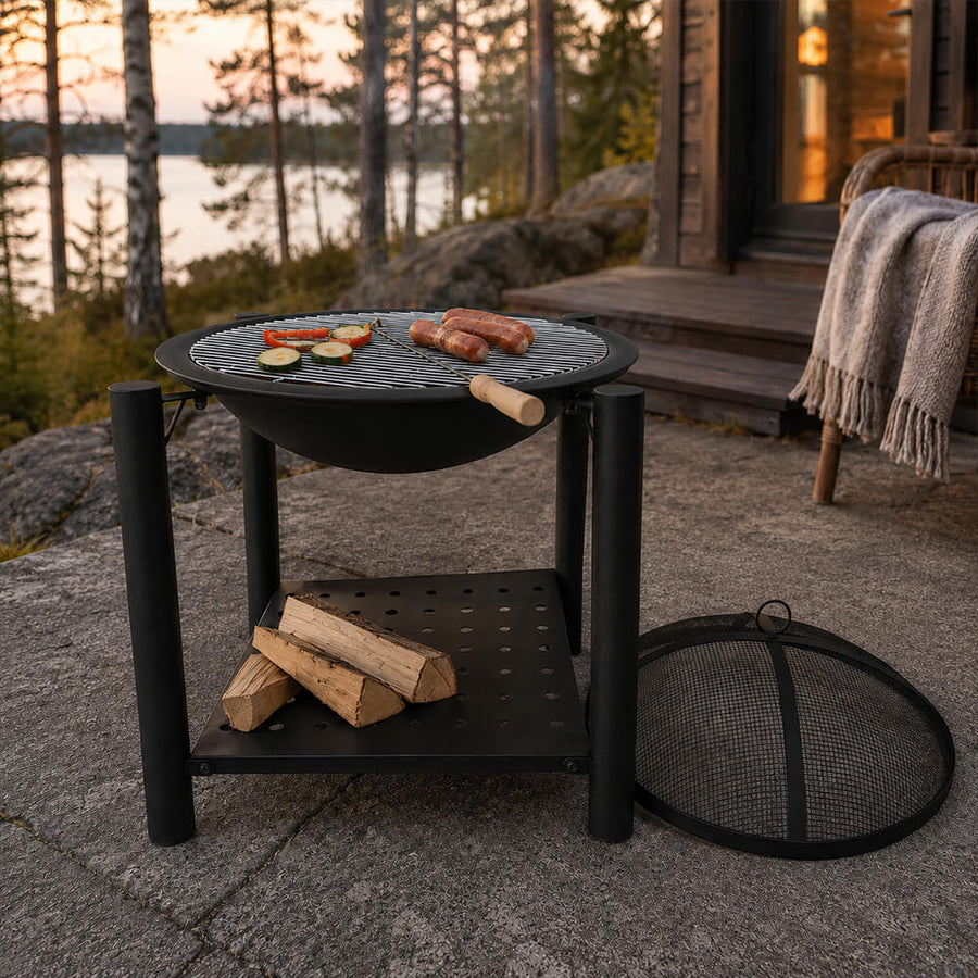 Utomhusbraskamin 56 x 56 x 69 cm – gnistskyddsnät, grillgaller, kolhållare