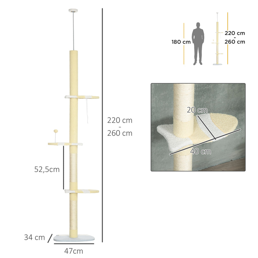 Kattoon ulottuva kissan raapimispuu, säädettävä 220–260 cm, keltainen/valkoinen/sininen