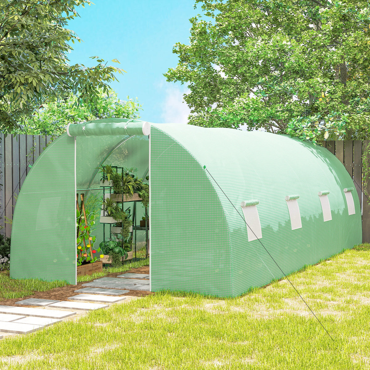Iso tunnelikasvihuone kahdeksalla verkkoikkunalla, 6 x 3 x 2 m, vihreä