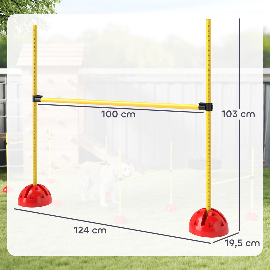 Koiran agility-hyppyesteet 4 kpl, korkeus 15–95 cm, täytettävät jalustat, kantolaukku, keltainen