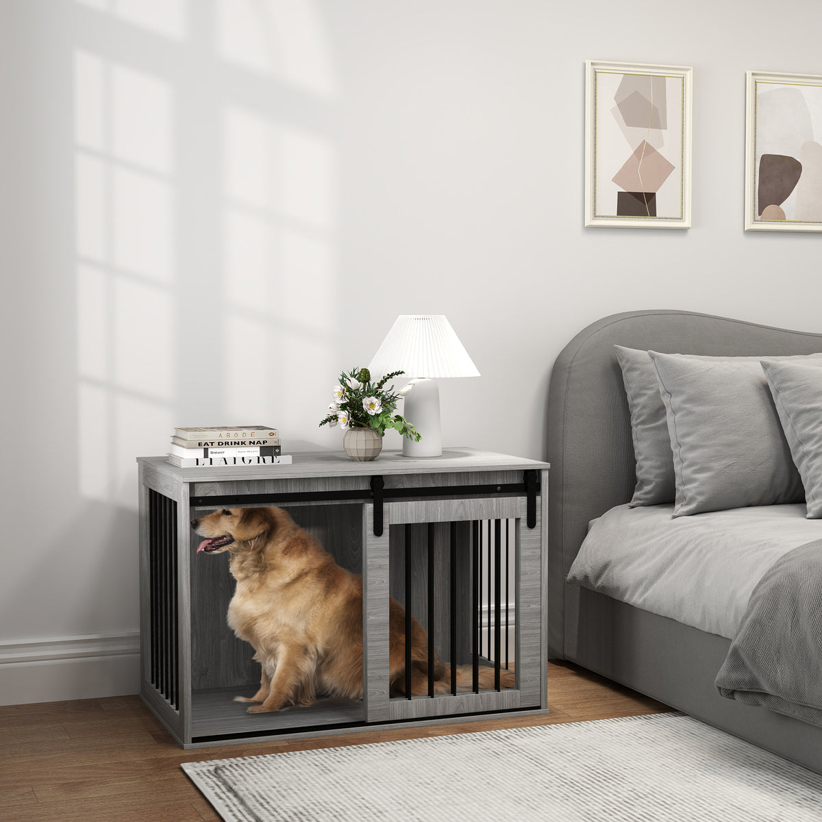 Koiran häkkikaappi liukuovella, isoille koirille 30 kg asti, 98 x 58 x 61 cm, harmaa