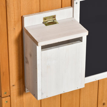 Leikkimökki puusta postilaatikolla, kukkalaatikolla ja penkillä, 122 x 108 x 135,5 cm