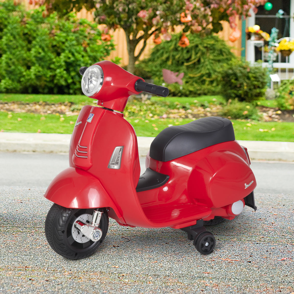 Lasten sähkömopo Vespa 6V irrotettavilla tukipyörillä, ajovalo ja äänitorvi, 1,5–3 v, punainen