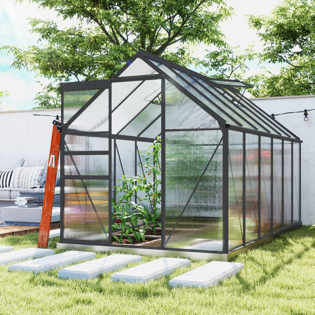 Iso alumiininen polykarbonaattikasvihuone perustuksella, 7,1 m², tummanharmaa