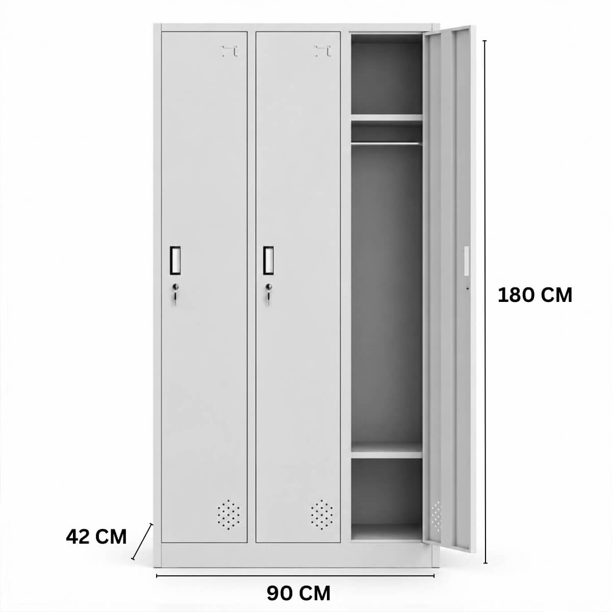Metallinen Vaatekaappi 3 ovea 90 x 42 x 180 cm, lukittava – vaalean harmaa