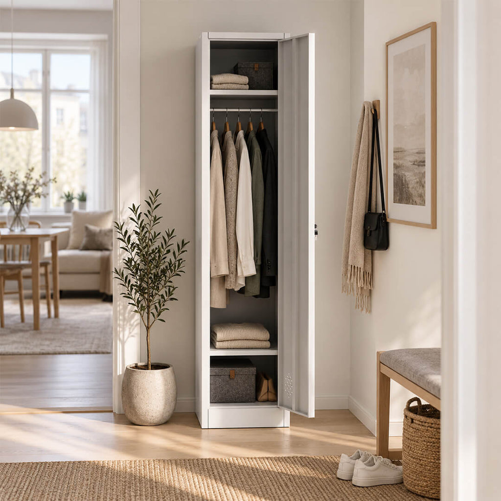Metallinen vaatekaappi 180 cm, 1-ovinen ja lukittava – vaalean harmaa