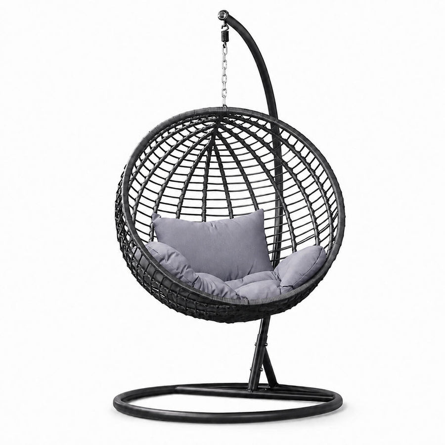 Riipputuoli telineellä 120 kg – polyrottinki, 6 cm tyynyt, musta/harmaa