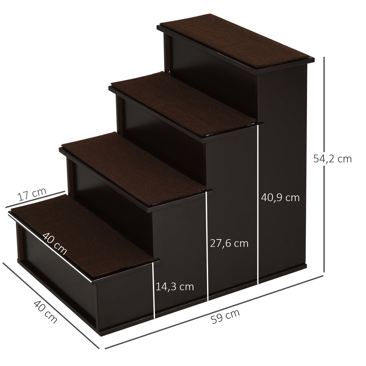 Lemmikkiportaat 4 askelmaa irrotettavilla matoilla, 54 cm, tummanruskea