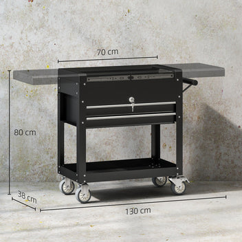 Työkaluvaunu jatkettavalla työtasolla, laatikko ja hylly, lukittava, teräs, 77,5–130 x 38 x 80 cm