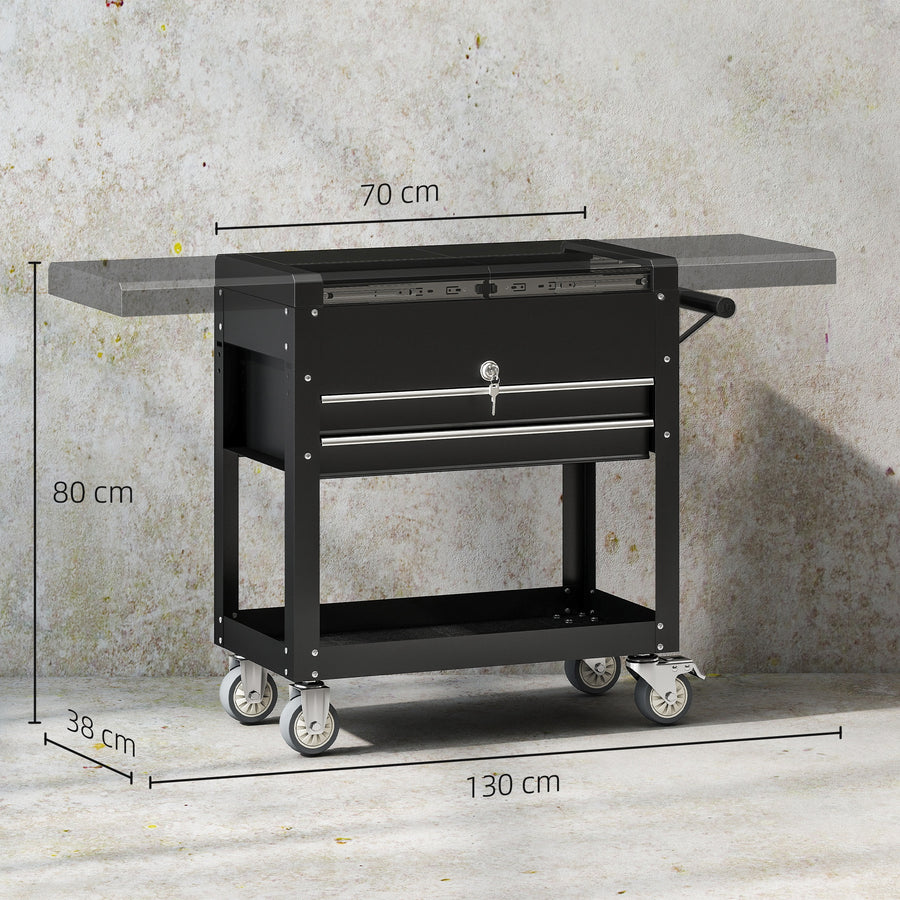 Työkaluvaunu jatkettavalla työtasolla, laatikko ja hylly, lukittava, teräs, 77,5–130 x 38 x 80 cm
