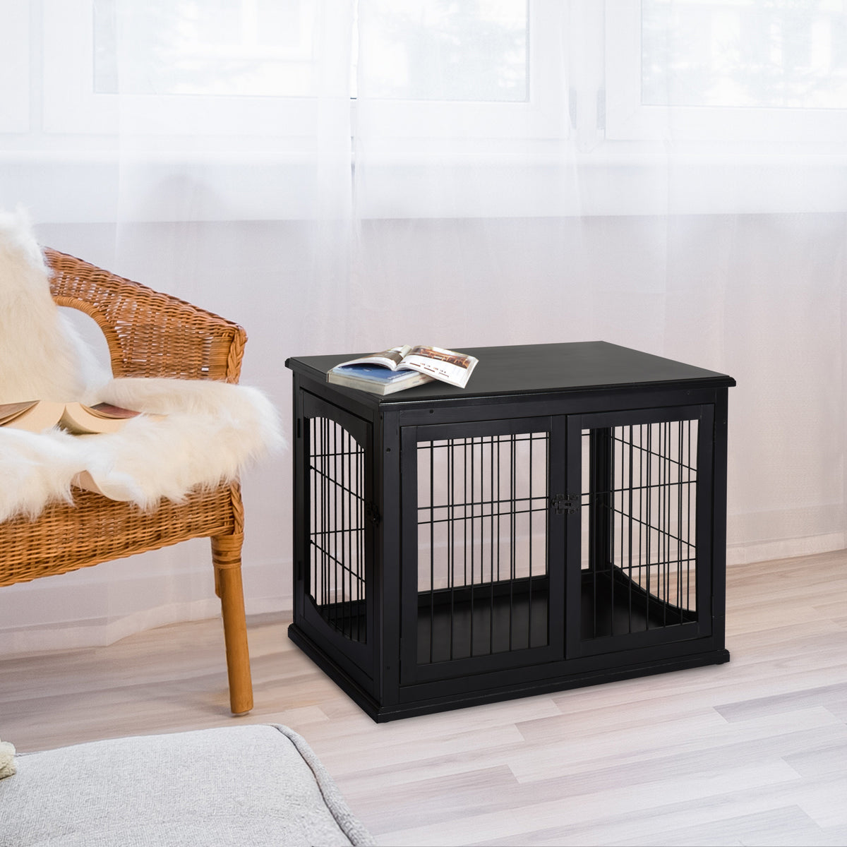 Koiran häkkipöytä kahdella ovella, MDF ja metalli, 30 kg asti, 81 x 58,5 x 66 cm, musta