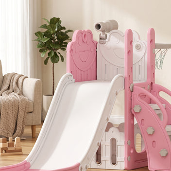 Lasten liukumäki 5-in-1, koripallokori, kaukoputki ja kiipeilyseinä, pinkki/valkoinen