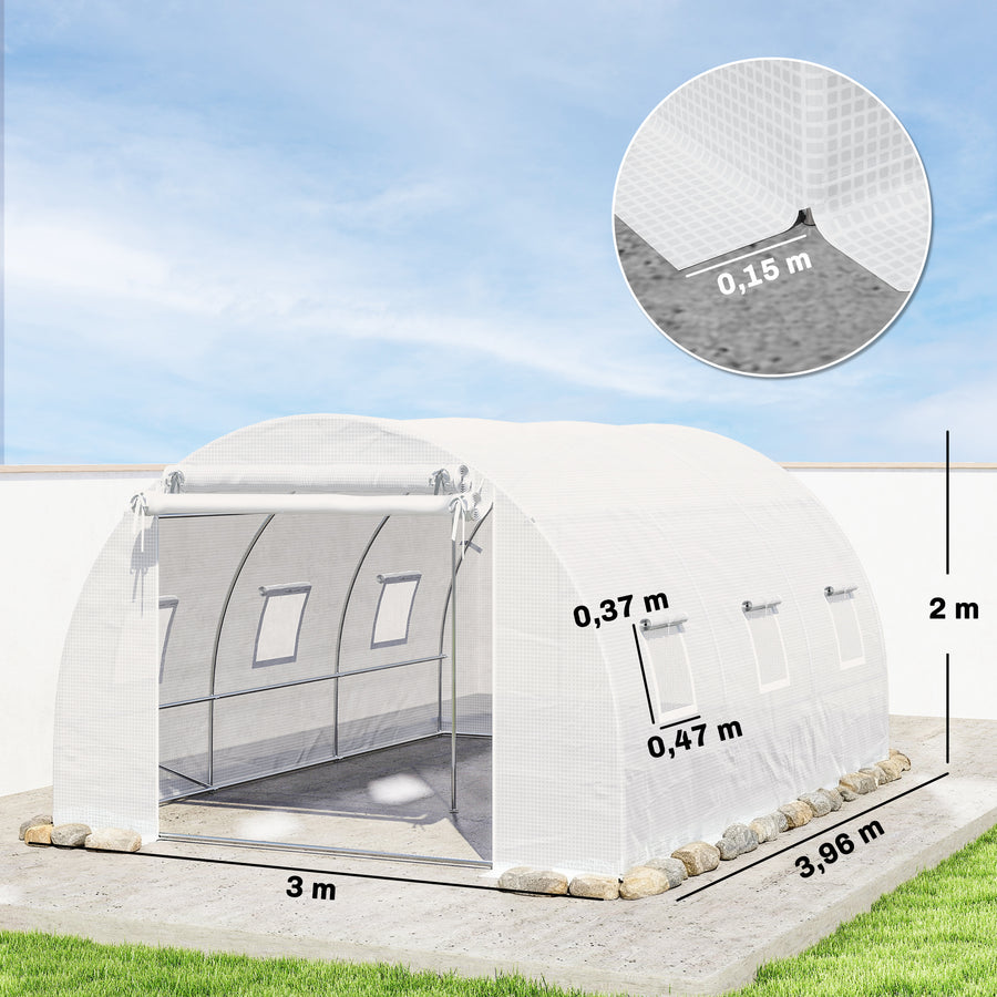 Tunnelikasvihuone verkko-ovella ja tukitangoilla, 3,96 x 3 x 2 m, valkoinen