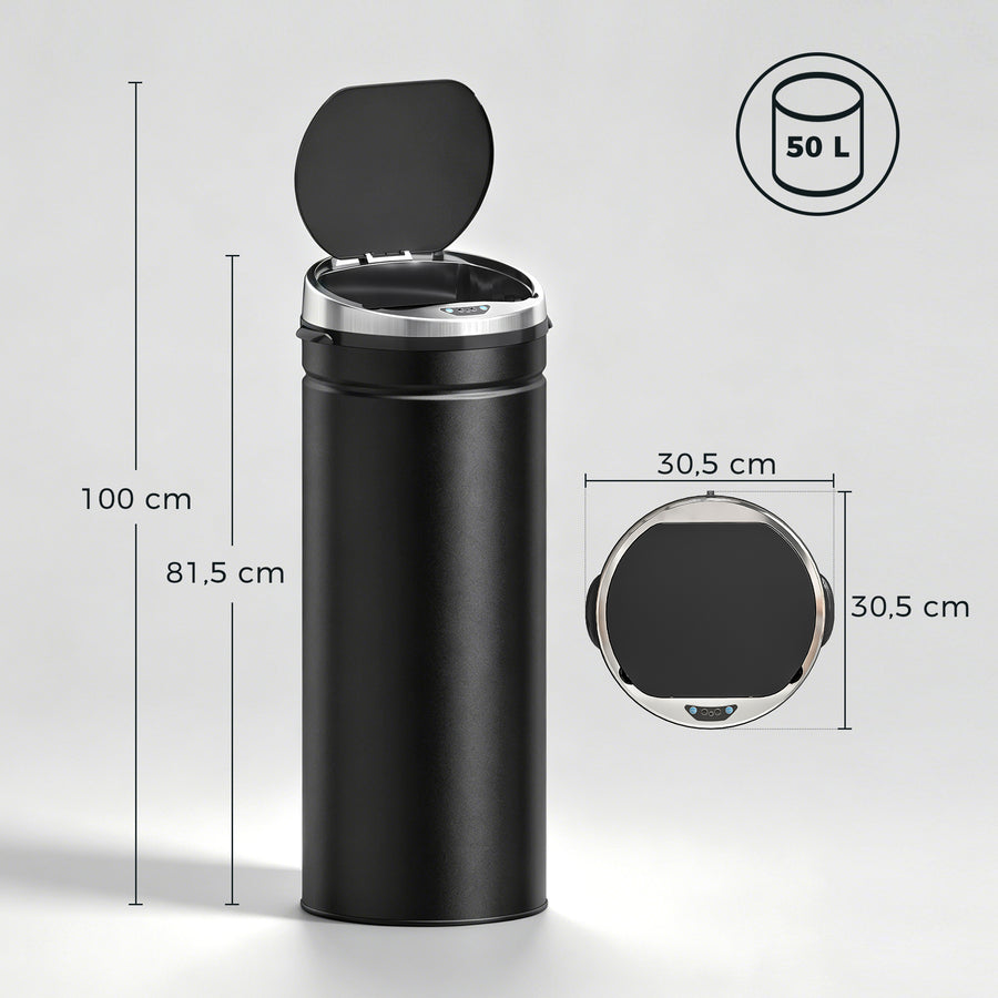 Sensoriroskakori 50 l, pyöreä, ruostumaton teräs, kosketukseton avaus, musta