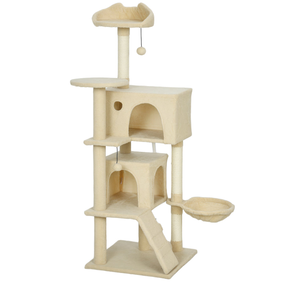 Kissan raapimispuu kahdella pesällä, riippumatolla ja tikkailla, 140 cm, beige