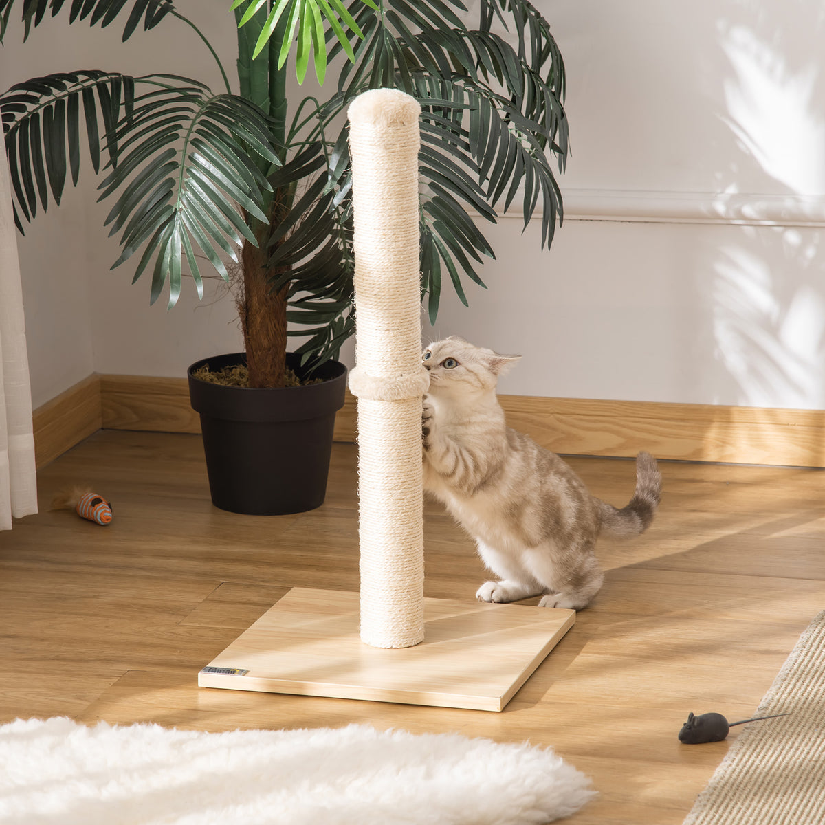 Kissan raapimispylväs sisalköydellä ja pallolla, 60 cm, beige/tammi