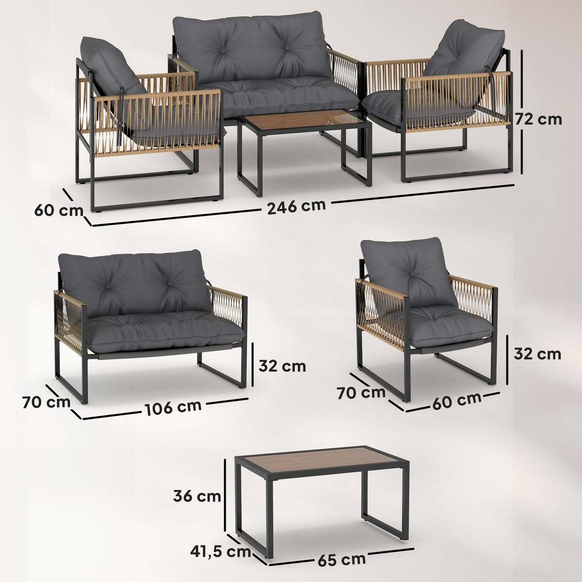 Polyrottinkinen oleskeluryhmä neljälle tyynyillä, sohva + 2 nojatuolia + lasipöytä, antrasiitti